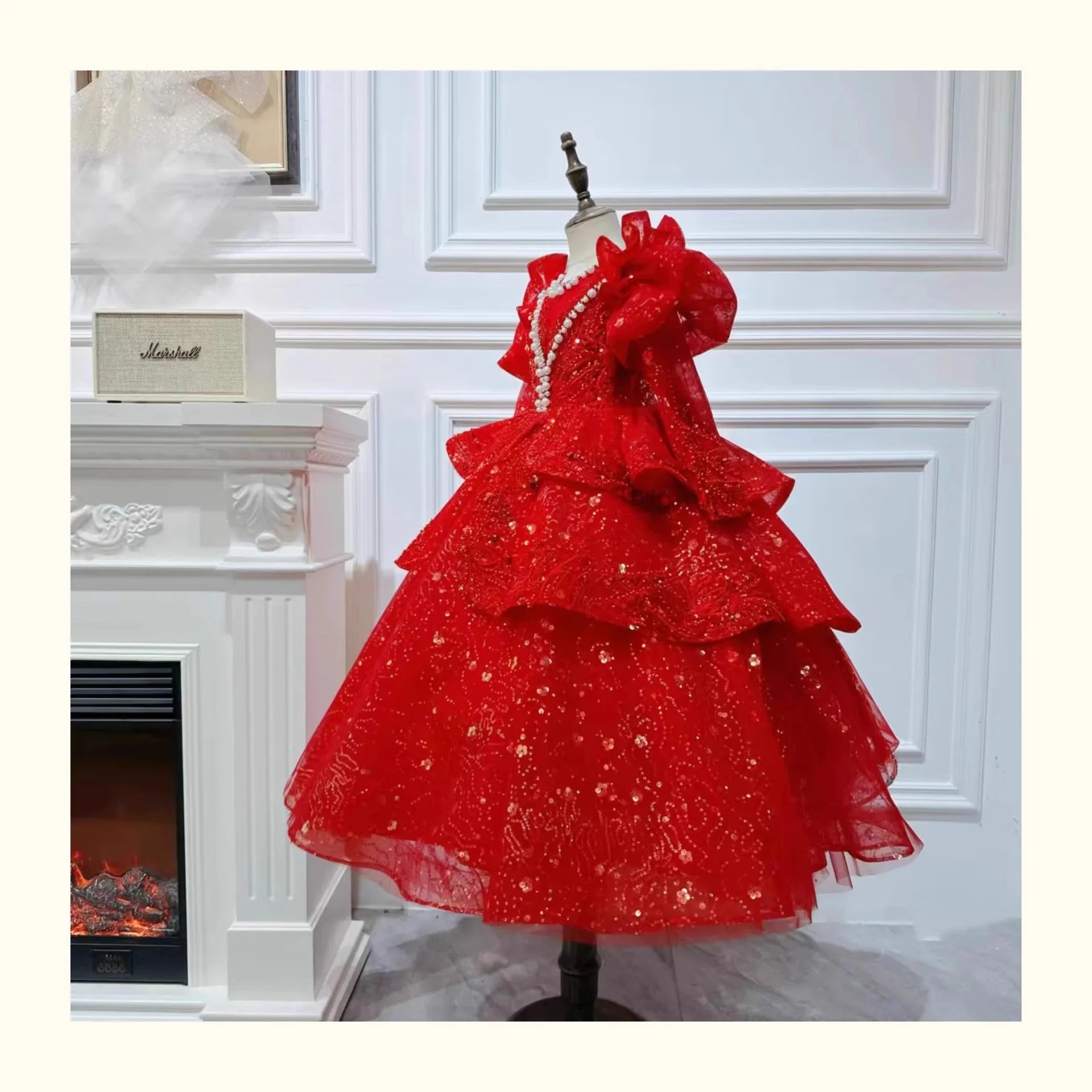 2025, Kinderkleid, Performance-Outfit, Mädchen, Blumenmädchen, Geburtstag, Prinzessinnenkleider, glitzernde Pailletten, bauschiges Kleid, rote Partykleidung für Kinder.