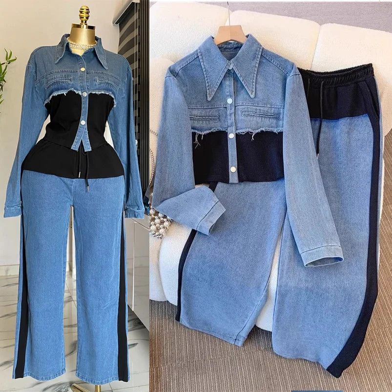Two Piece Sets Women Pant Set Denim Splice Matching Sets Spring Top Wide Leg Long Pants Casual Loose Lace Up High Waist Jogger.