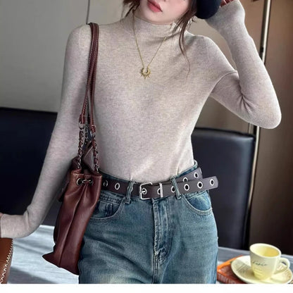 Herbst Winter Pullover Pullover Bodenbildung Shirt Frauen Gestrickte Shirts Weibliche Lange Hülse Mock Neck Elastische Dünne Pullover Stricken Tops.