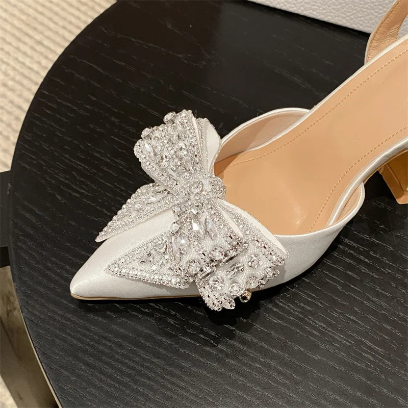 Liyke Spring Summer Fashion Rhinestone Bowknot Women Pumps Sexy Silk Pointed Toe Strange High Heels Party Prom Shoes Gold Silver