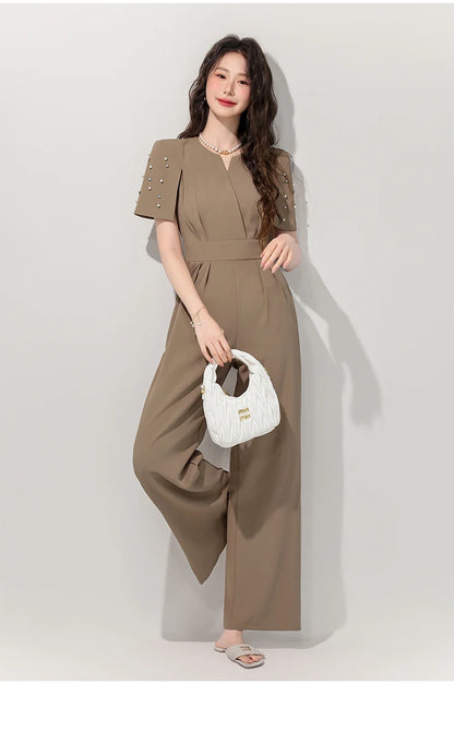 Women's Luxury Diamond-Studded Jumpsuit – Slim Fit Wide Leg Palazzo Pants, Autumn Short Sleeve Romper with High Waist.