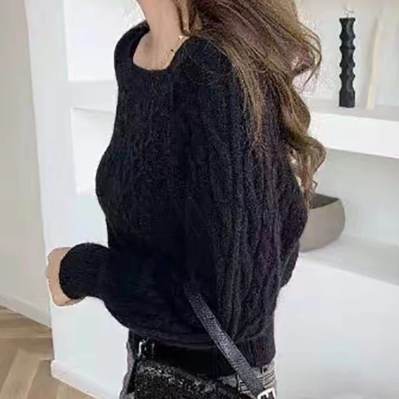 Frauen Square Neck Verdicken Rippe Pullover Laterne Hülse Lose Büro Stricken Pullover Frauen Herbst Winter Casual Feste Warme Pullover.