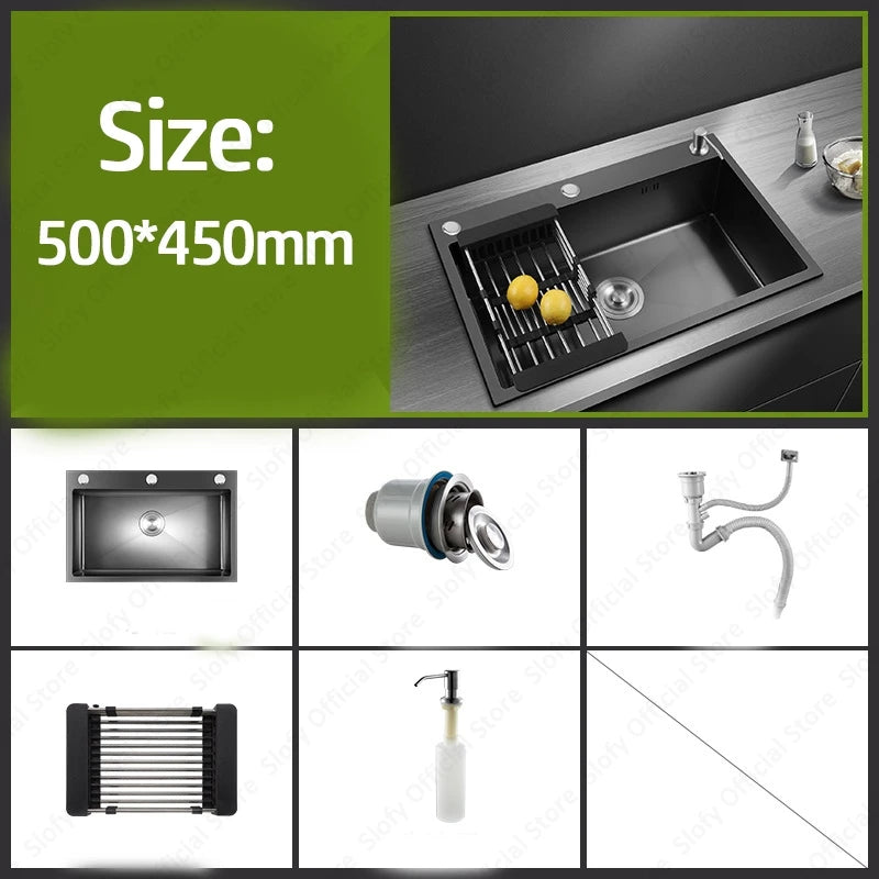 Schwarzes Nano-Waschbecken, einzelnes Waschbecken, kreative Küchenspülen aus Edelstahl, Abflussset für Zuhause, handgefertigtes Waschbecken, Küchenzubehör