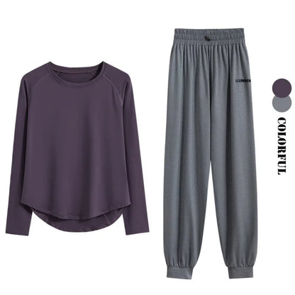 DRUR 2pcs Running Set Women Tracksuit Lightweight Loose Long Sleeve Sport Shirt Pants Sets 2 Piece Sportswear Outfit Gym Clothes