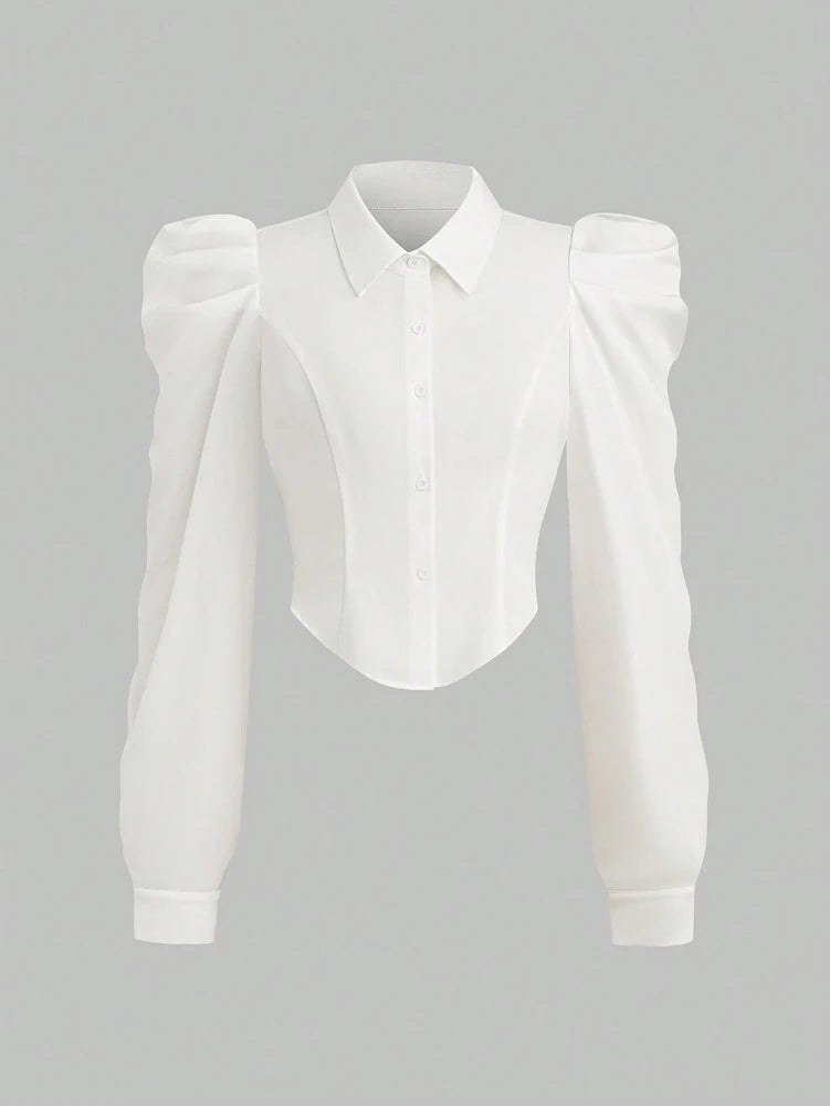 Plus Size Spring/Summer White Slim Fit Long Sleeve Shirt Solid Colour Fashionable and Versatile Office Wear Simple and Refined.