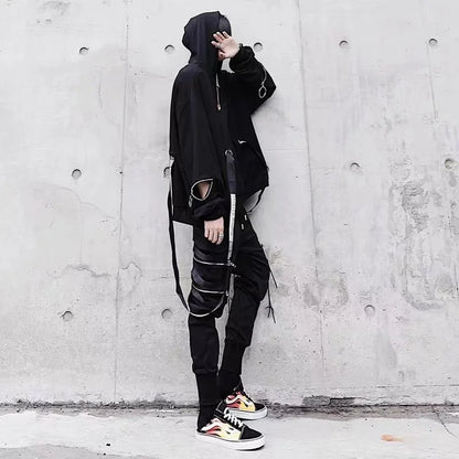 Men's Sets Black Hoodies+Pants Punk Graphic Zipper Hooded Sweatshirts Cargo Pant Men Oversized Loose Streetwear Suits.
