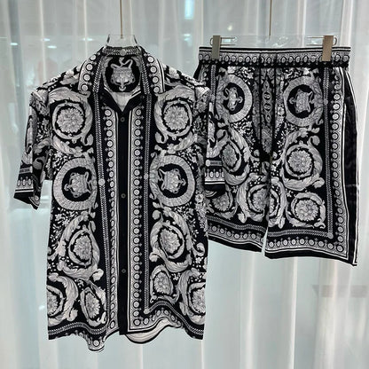Royal luxury digital printed men's set fashion two-piece shorts set high-quality summer short sleeved shirt Allen Sen Trendy Clo.
