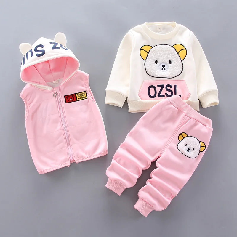 Baby Warm Clothes Sets Autumn Winter Boys Girl Thick Velvet Sport Suits Kids Clothes Outfits Infant Tops+Vest+Pants 3Pcs 0-4Y