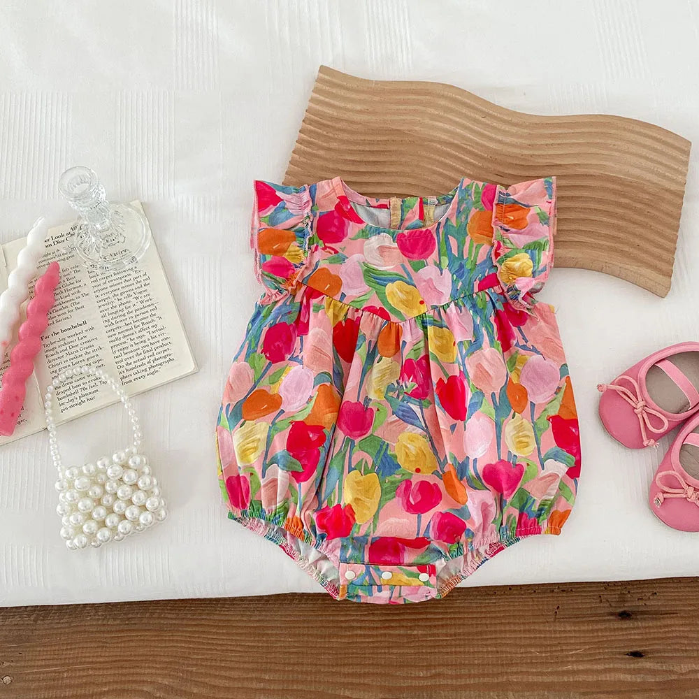 MILANCEL 2025, Sommerkleidung für Babys, Mädchen, Rüschenärmel, Kleinkind-Mädchen-Bodys, Tulpenmuster, Einteiler für Kleinkinder.
