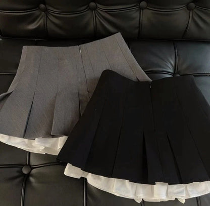 Mooyufon Ruffles Black Mini Skirt Women Korean Patchwork Pleated Skirts Japanese Kawaii High Waist All Match A Line Skirt New.