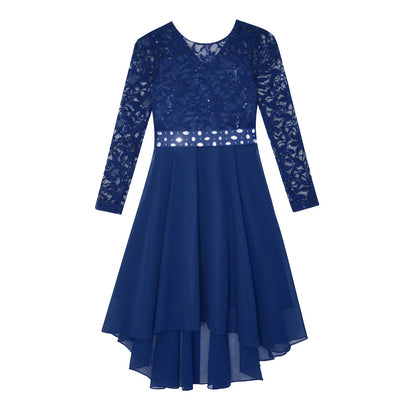 Elegantes Spitzen-Partykleid für Kinder, Mädchen, Chiffon, Spleißen, langärmelig, Kleid mit hohem und niedrigem Saum und Strass-Schärpe für Hochzeit, Geburtstag.