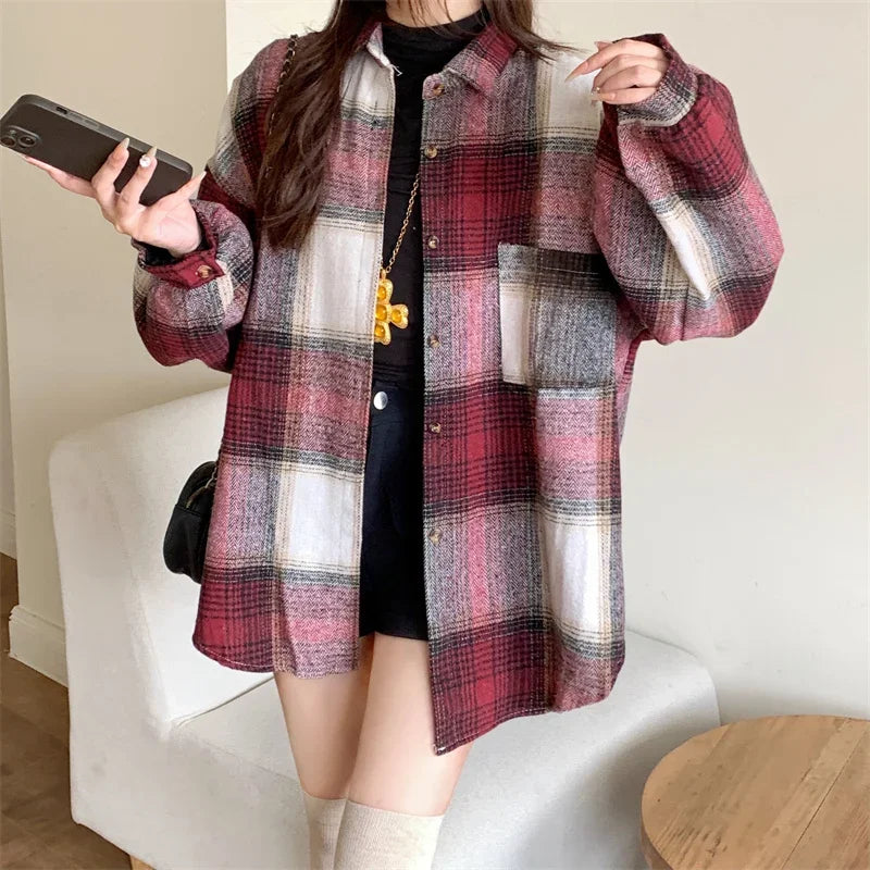 Zjaiss Women Thick Woolen Plaid Blouse Loose Long Sleeved Tops 2025 Autumn Winter New Casual Shirt Long Shirts.