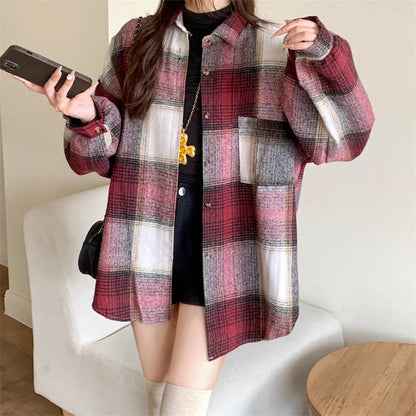 Zjaiss Women Thick Woolen Plaid Blouse Loose Long Sleeved Tops 2025 Autumn Winter New Casual Shirt Long Shirts.