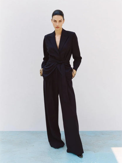 Mia Muse Boutique Women's Sets Autumn Fashion Plain Lace-Up Long Sleeve Lapel Natural Waist Full Length Casual Pants Sets.