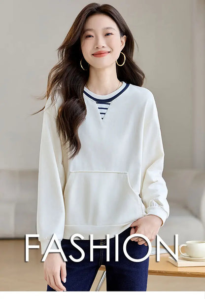 Apricot Round Neck Contrast Long Sleeve Womens Sweatshirt Stylish Casual Minimalist Top.
