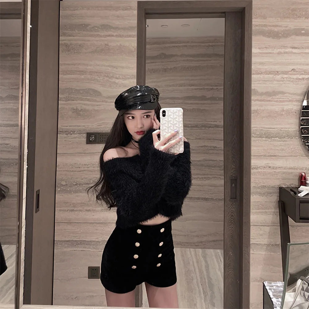 Autumn Winter High Waist Velvet Wide Leg Shorts Women Chic Double Breasted Short Pants Fashion Sexy Bottoms Casual Ropa Mujer.