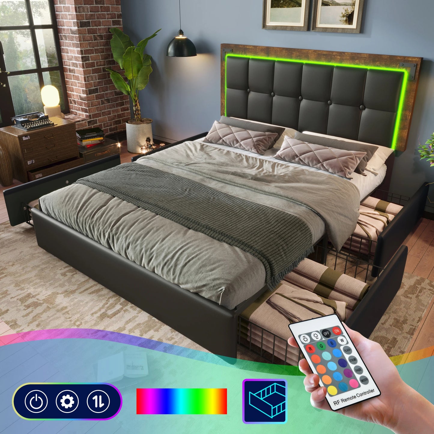KOMHTOM Polsterbett PU - LED-Beleuchtungsleiste, 4 Schubladen, höhenverstellbares Kopfteil, ohne Matratze
