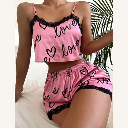 2 teile/satz Pyjama Anzug für Frauen Sexy Nette V-ausschnitt Spitze Liebe Herz Gedruckt Hosenträger Tops Shorts Nighty Nachtwäsche Homewear set.