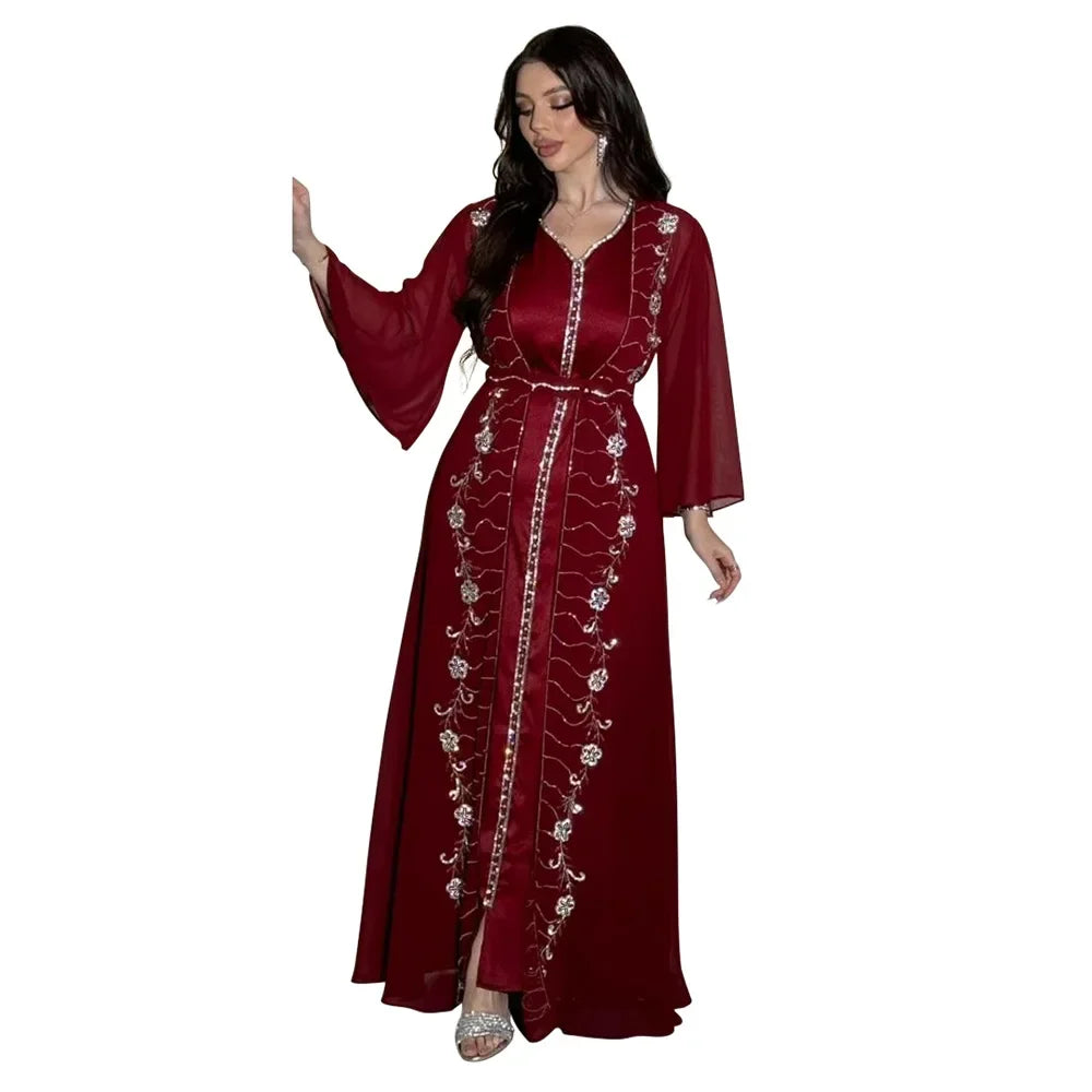 Muslim Set Dress Women Four-season Commute Muslim Set Fashion Party Dubai Turkey Long Sleeve Chiffon Cardigan Dress and Vest 2ps.