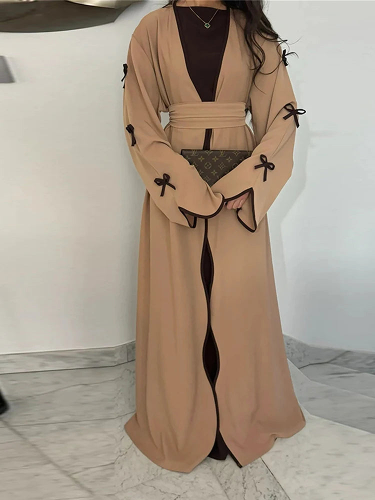 Ramadan Eid Open Modest Kimono Butterfly Bow Abaya Dubai Luxury Muslim Abayas for Women Islam Kebaya Caftan Robe Femme Musulmane.