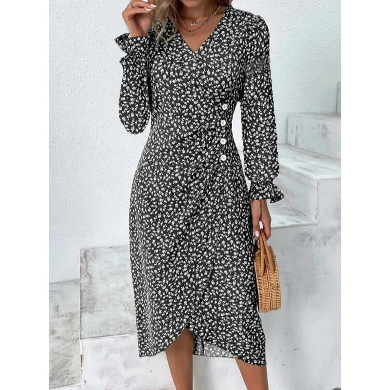 Elegante Blumen Plissee H-förmigen Midi Kleid Weibliche V-ausschnitt Puff Sleeve Taille Geraffte Taste Kleider Frauen Sommer Kleid Robe.