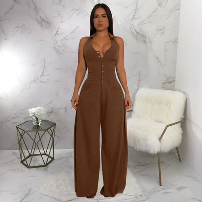 Fashionable Backless Casual Romper with Pockets for Women Summer Breathable Lightweight Solid Color One-Piece Suit.