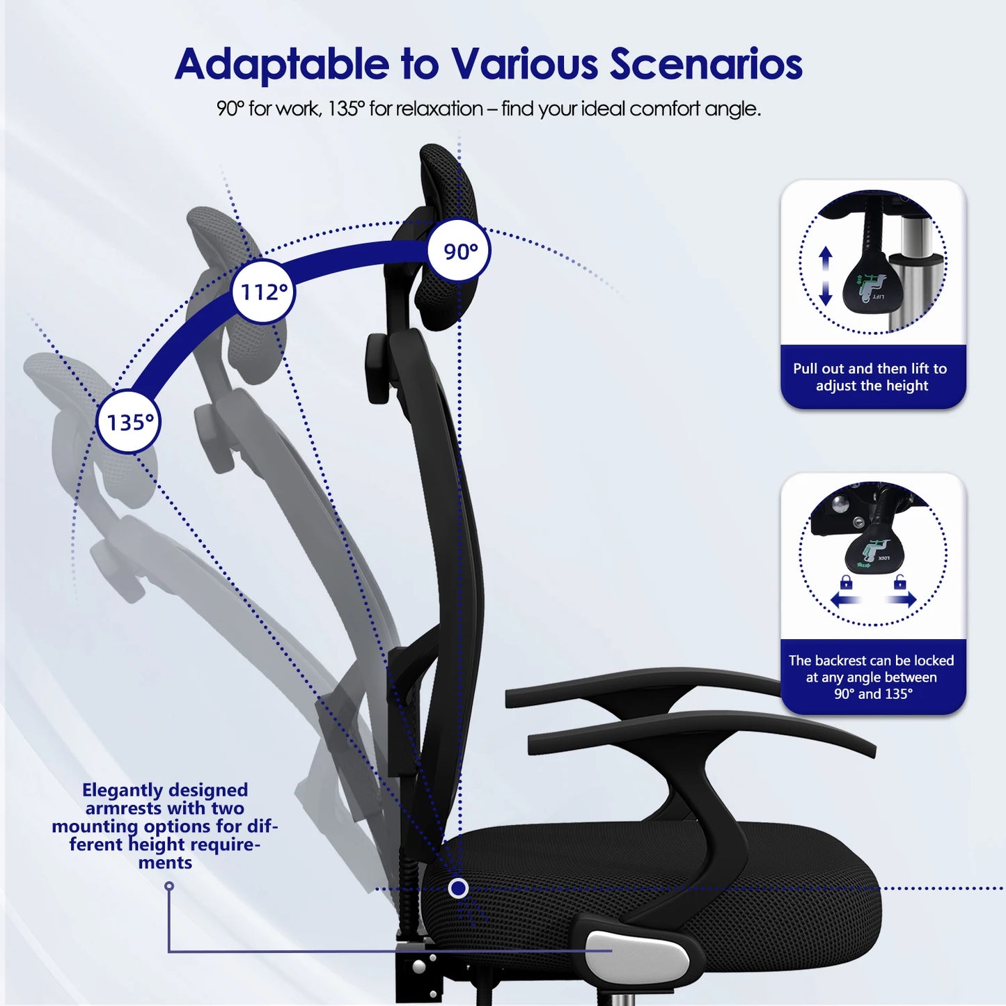 Daccormax Ergonomischer Bürostuhl, Mehrpunktstütze, verstellbare, atmungsaktive Netzrückenlehne, drehbarer Computer-Schreibtischstuhl mit Kopfstütze