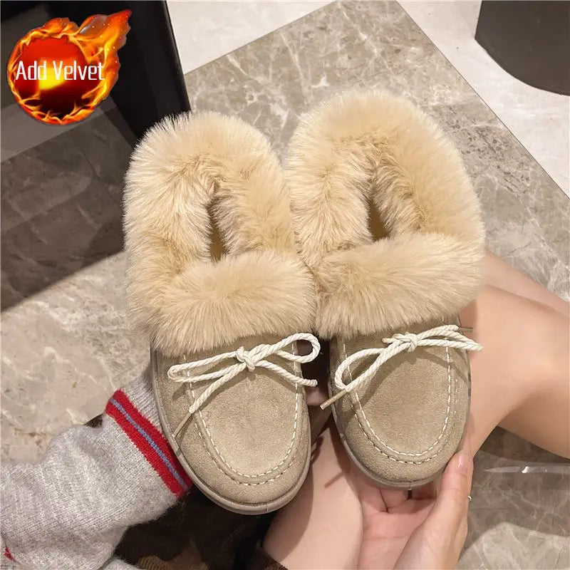 Bow Round Toe Flat Fleece-lined Woman Shoes Trend 2025 Y2k Chic and Elegant Winter Novelty Padded Sale Hot Snow Boots for Women