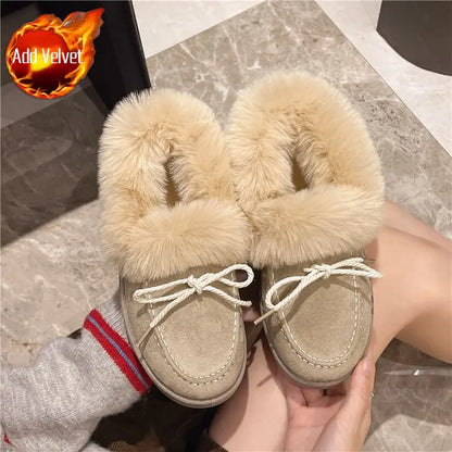 Bow Round Toe Flat Fleece-lined Woman Shoes Trend 2025 Y2k Chic and Elegant Winter Novelty Padded Sale Hot Snow Boots for Women