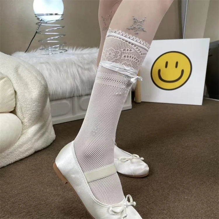 LOTDOOTN Y2K Tights Silver Star Print Pantyhose Women Girl Japanese Mesh Transparent Pantyhose Bow Star Tights Stockings Lolita.