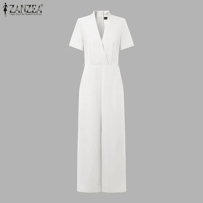 ZANZEA Street Fashion High Waist Jumpsuits Women Workwear Belt Rompers Solid Deep V Neck Elegant Office Lady Long Overalls.