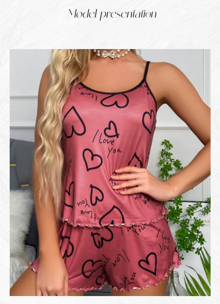 Herzförmiges bedrucktes Pyjama-Set für Damen, sexy Pyjama, Seiden-Plissee-Weste, Shorts-Set, weich und bequem, Heimkleidung, süß und süß.