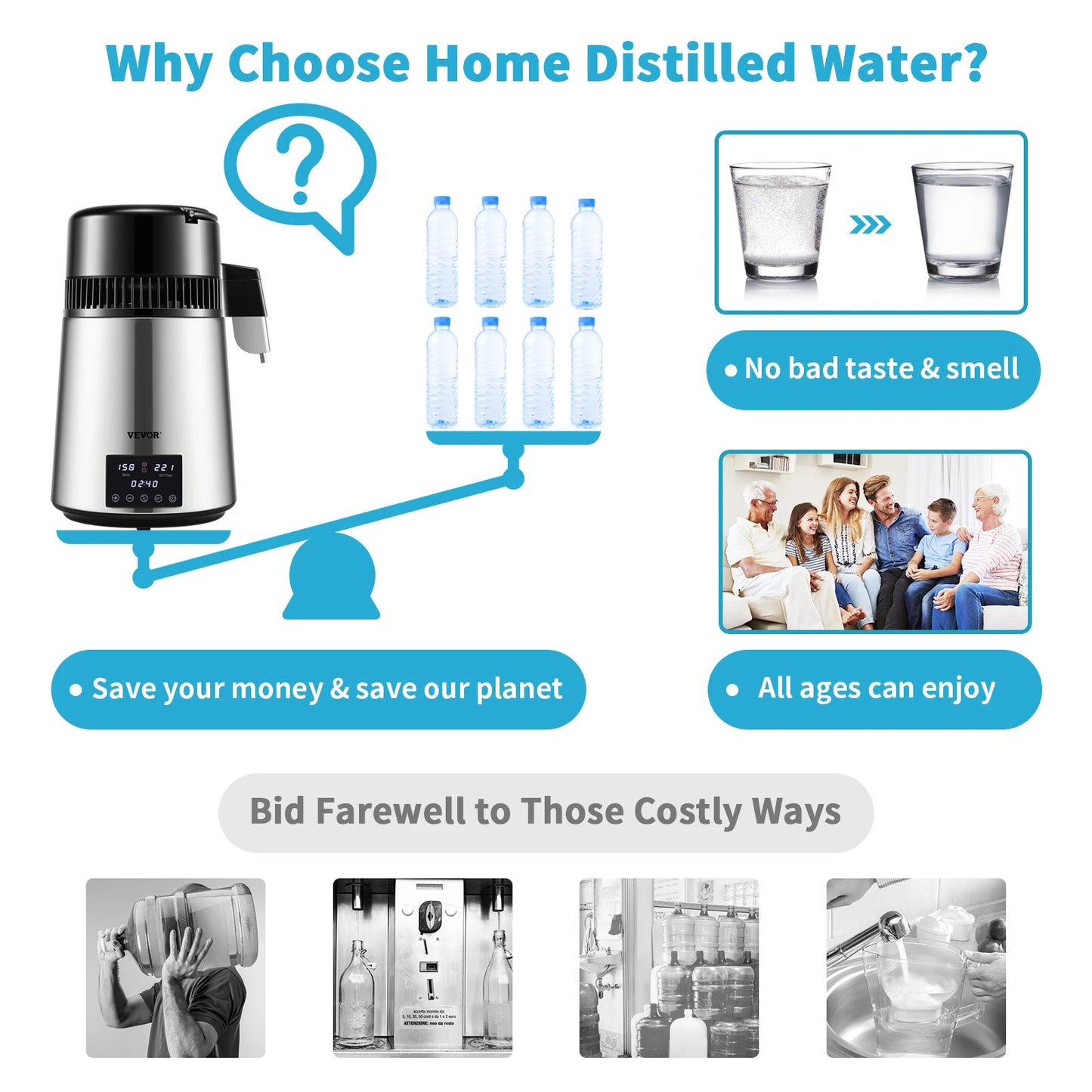 SucceBuy 1.5L/H Distilling Speed 4L Water Distiller Treatmen Purifier Filter Touch Screen Time Setting 304 Stainless Home Use.