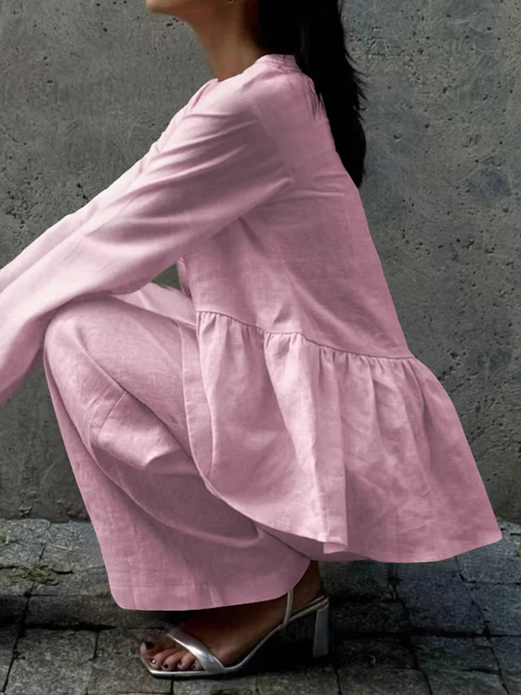 Summer Vacation Solid Color Simple Outfits Elegant V-neck Long Sleeve Tops&Wide Leg Pants Sets Fashion Loose Women's Commute Set.