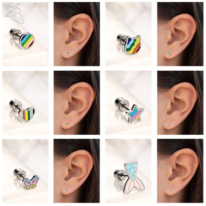 ZS 2Pcs/lot Stainless Steel Butterfly Star Heart Stud Earring Silver Color Earrings Ear Tragus Helix Tragus Piercing 20G Jewelry.