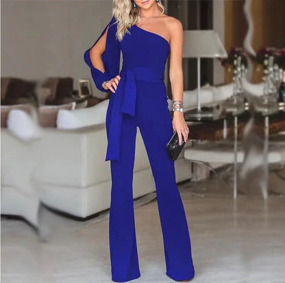 2025 Summer New Women's High Waist Tie Up Solid Color Slim Fit Sexy Jumpsuit Slant Shoulder Elegant Banquet Women's Wear.