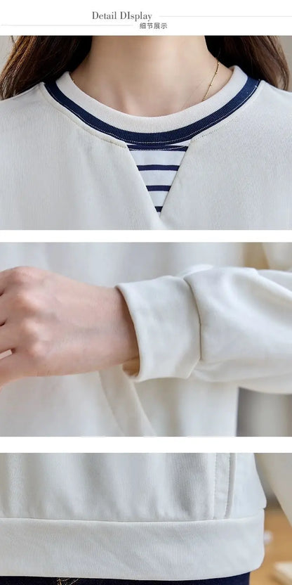 Apricot Round Neck Patch Long Sleeve Sweatshirt Women Loose Comfort Casual Design Fashion Top.