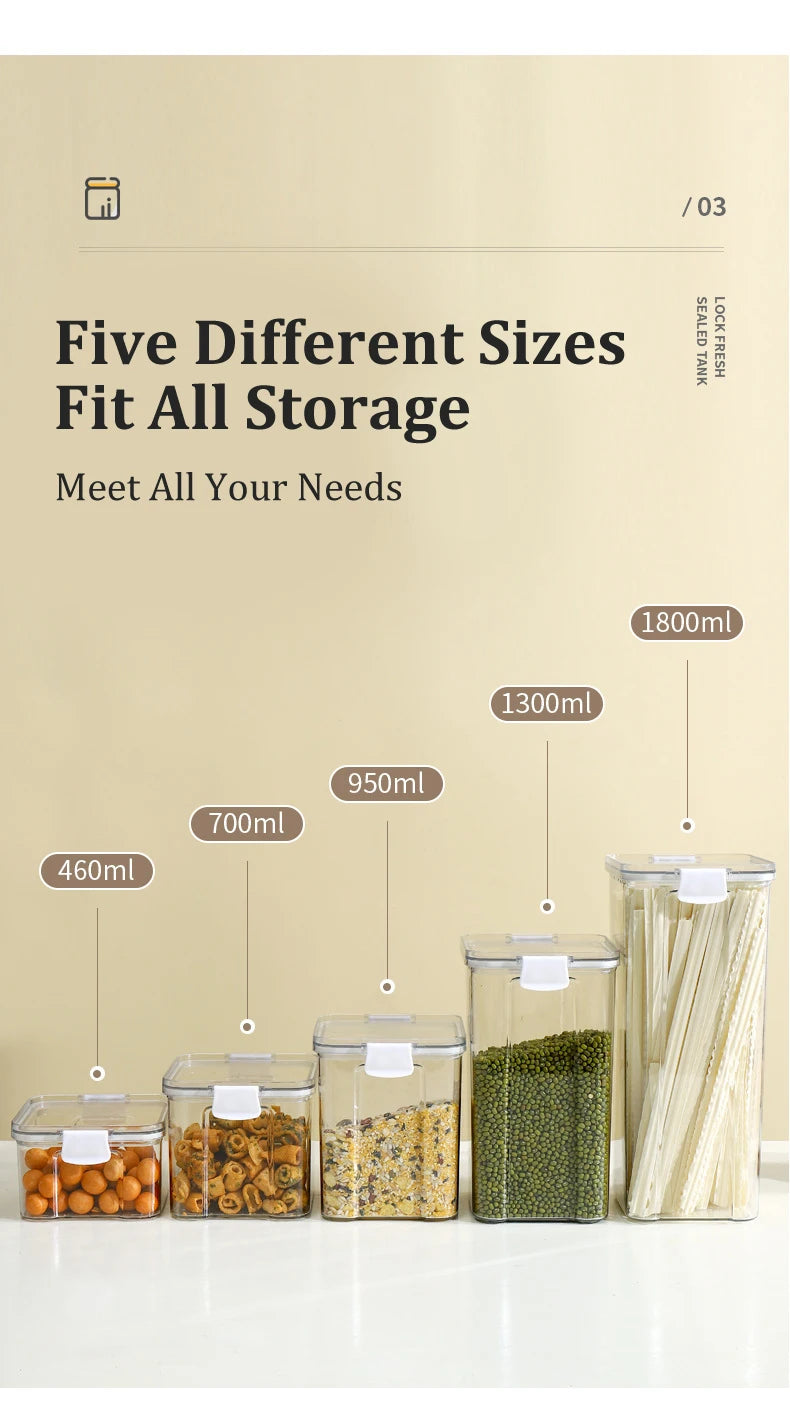 Food Box Storage Container With Airtight Lid Condiment Organizer Plastic Dispenser Jar Hermetic Kitchen Cereal Snack Spaghetti.