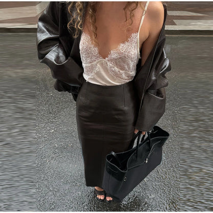 Chic Stand Collar Leather Long Skirt Sets Women Long Sleeve Jackets Spliced Solid Skirts 2025 Autumn Lady Y2k Outfits dress