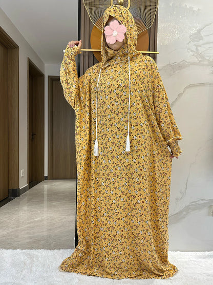 New Ramadan Muslim Two Hats Abaya Dubai Turkey Islam Prayer Clothes Floral Cotton Long Dress Islam Women Dress Kaftan.