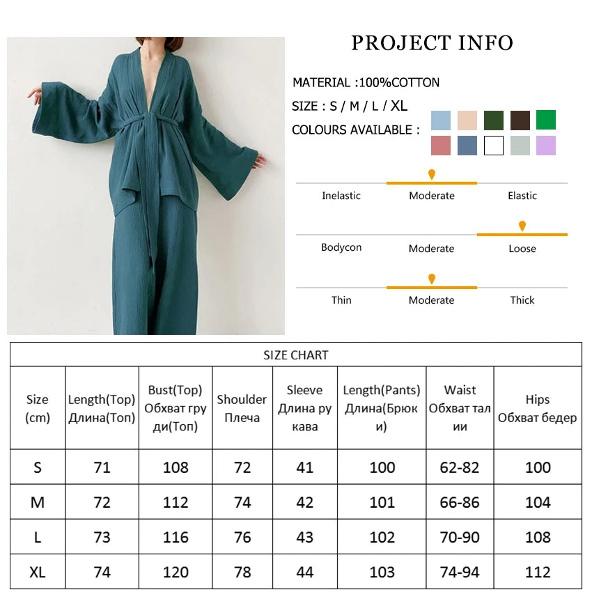 NHKDSASA Kimono Pajamas 2023 New 100% Cotton Crepe Long-Sleeved Trousers Ladies Sleepwear Suit Women's Home Service Mujer.
