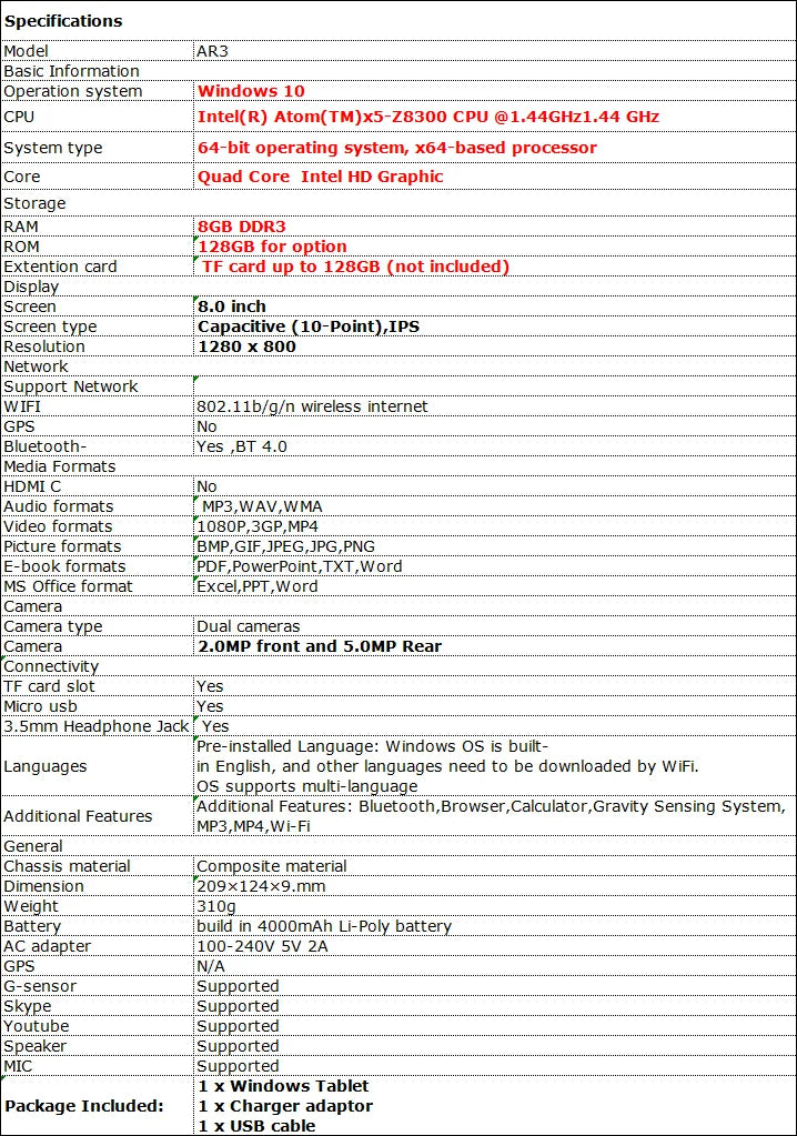 Hot Sales 64 Bit 10.1 INCH X5-Z8350 CPU AR10 Windows 10 Tablet 8GB DDR RAM 128GB ROM 1920 x 1200 IPS  Screen WIFI HDMI-Compatibe.