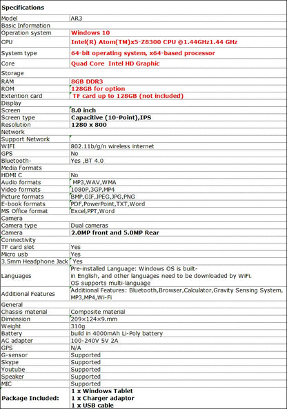 Hot Sales 64 Bit 10.1 INCH X5-Z8350 CPU AR10 Windows 10 Tablet 8GB DDR RAM 128GB ROM 1920 x 1200 IPS  Screen WIFI HDMI-Compatibe.