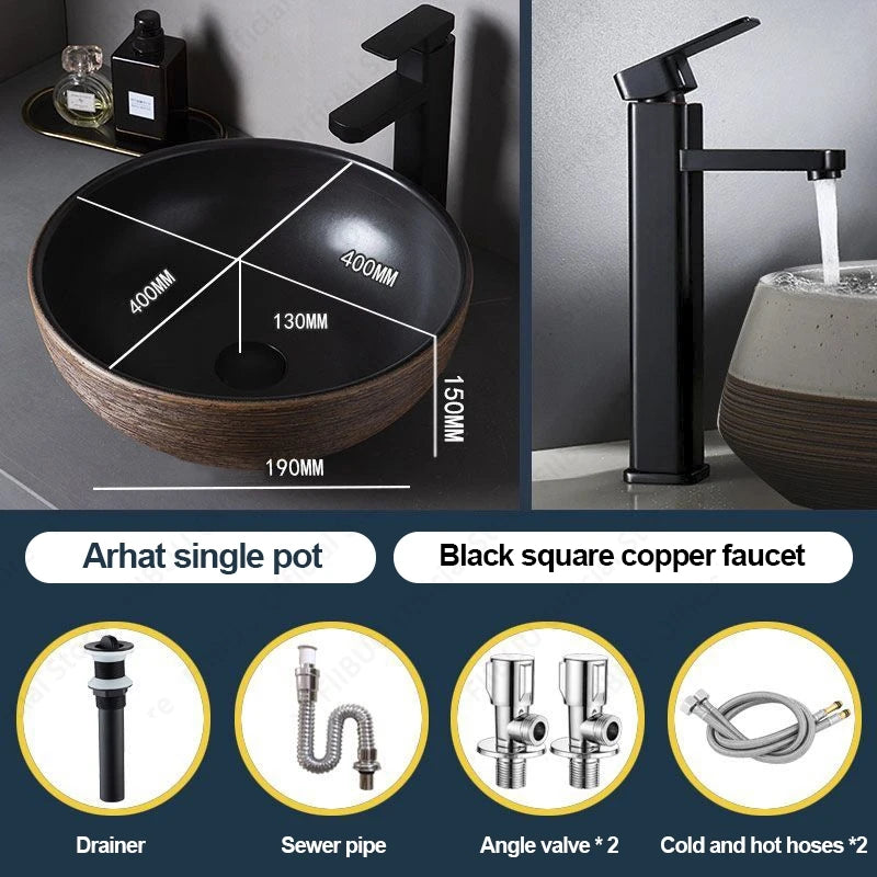 Braunes Porzellan-Keramik-Waschbecken über der Theke, Waschtisch, Schüsselbecken, Badezimmer, Sanitär, Balkon, Tisch, Waschbecken, Arbeitsplatte, ovales Waschbecken