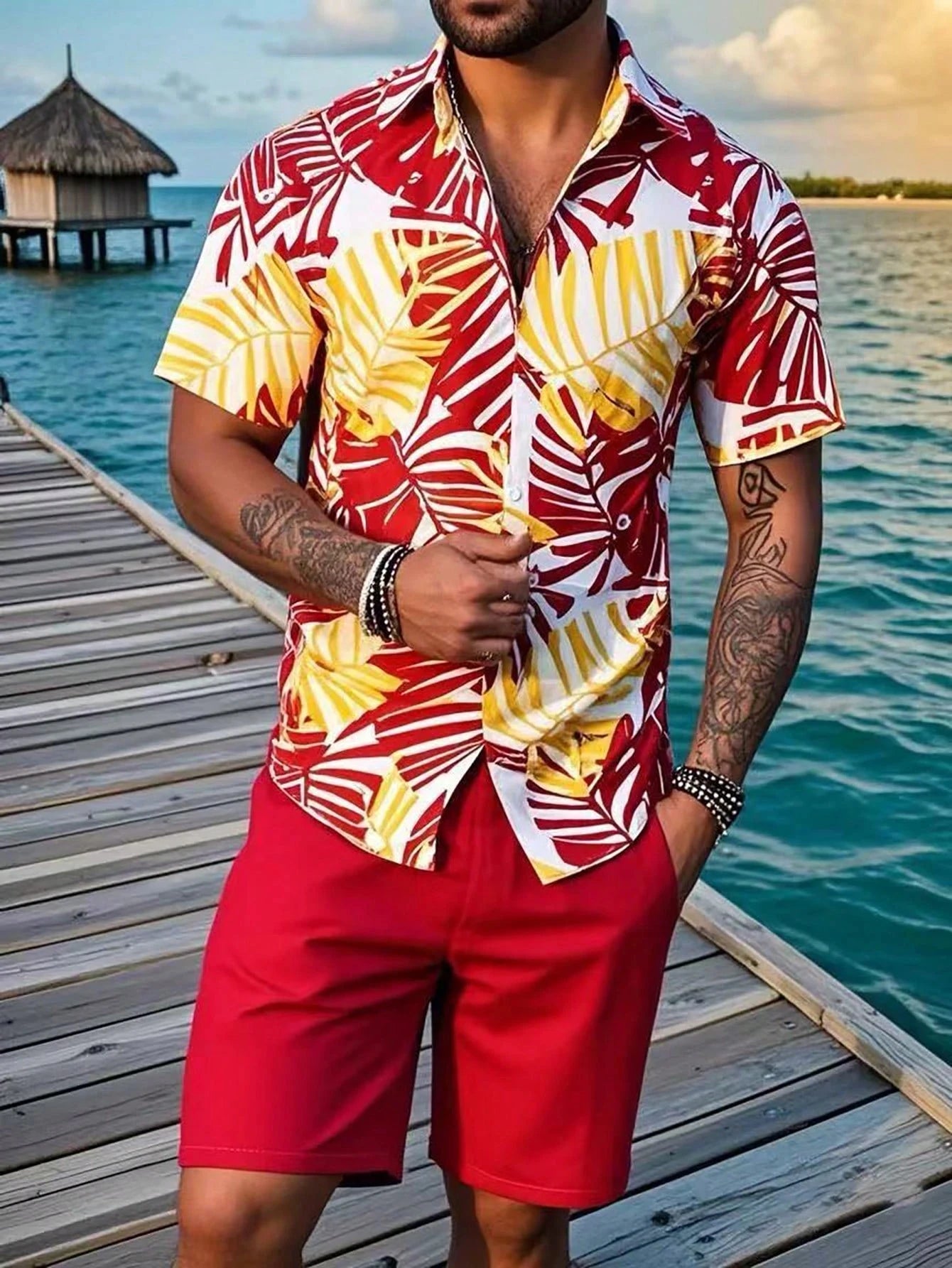 Hawaiian Monstera Leaf Print Men's Shirt and Shorts 2-Piece Set Casual Vacation Men's Shirt Set Short Sleeve Button Shirt.