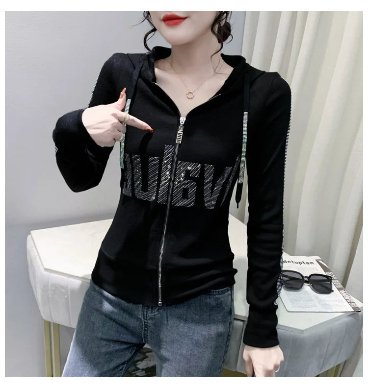 #7937Black Grey Women Hoodies Sweatshirt Tops Pullovers Diamonds Letters Slim Streetwear Short Hoodies Woman Zipper Korean Style.