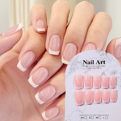 24pcs(+Tools) Pearl Bow Nude Pink Press On Nails White French Fingertips Almond Full Cover Fasle Nails New Year Nail Accessories