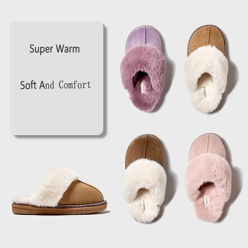 Litfun Women's Warm Fuzzy Slippers Winter New Fur Collar Indoor Plush Flat Slides Fluffy Women Cotton Shoes Furry House Slippers.