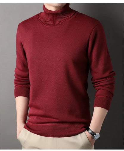 Men's Autumn Winter New Turtleneck Sweater Warm Cozy Solid Color Casual Bottom Knitted Pullovers Male Fashion Knitwear