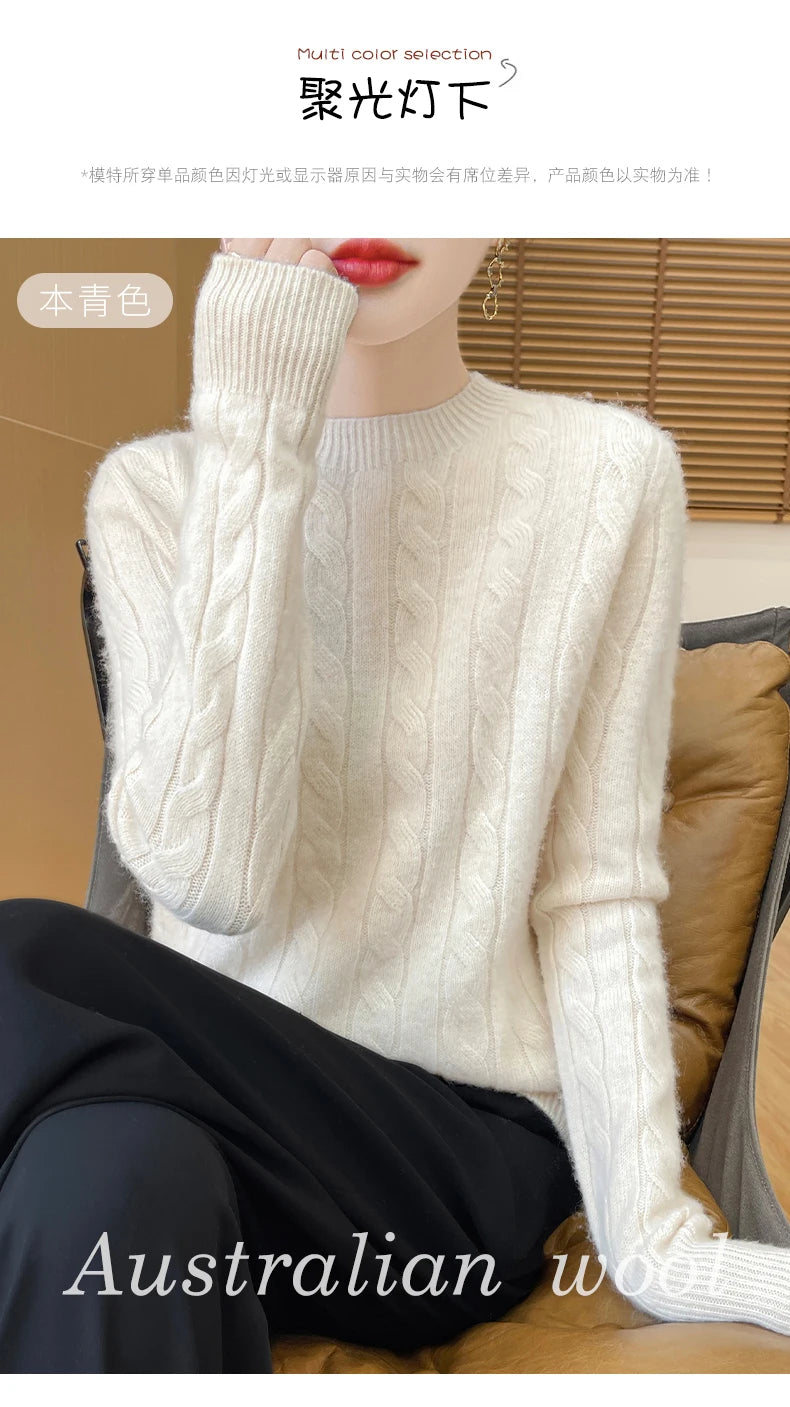 Frauen 100% Merino Wolle Verdickung Pullover Oansatz Gestrickte Twisted Pullover Herbst Winter Kaschmir Langarm Kleidung Basis Tops.
